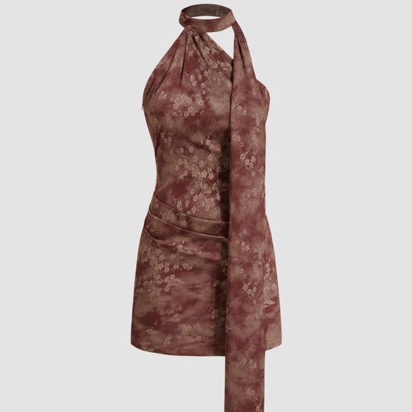 Free People Cherry Blossom Oriental Satin Floral Backless Mini Dress With Scarf - Picture 2 of 9